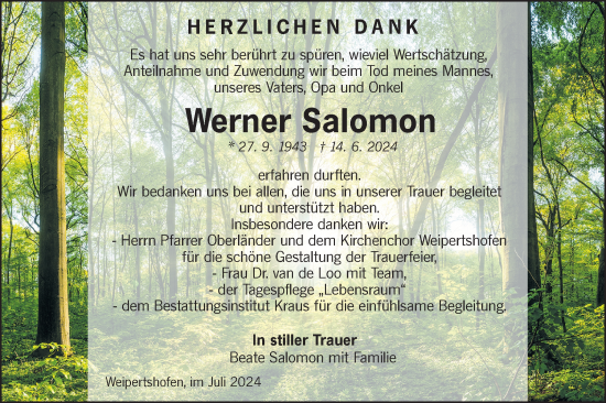 Traueranzeige von Werner Salomon von Hohenloher Tagblatt