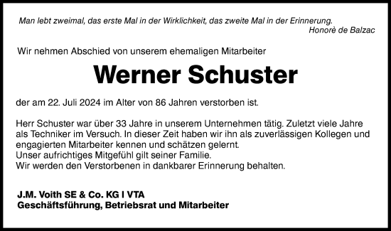 Traueranzeige von Werner Schuster von Hohenloher Tagblatt