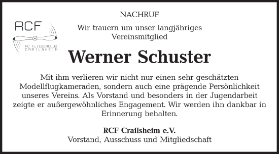 Traueranzeige von Werner Schuster von Hohenloher Tagblatt