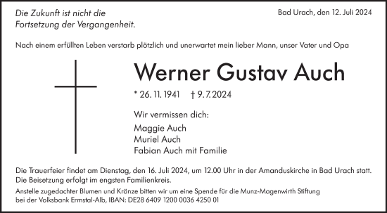 Traueranzeige von Werner Gustav Auch von Alb-Bote/Metzinger-Uracher Volksblatt