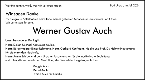 Traueranzeige von Werner Gustav Auch von Alb-Bote/Metzinger-Uracher Volksblatt