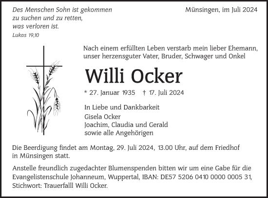 Traueranzeige von Willi Ocker von Alb-Bote/Metzinger-Uracher Volksblatt