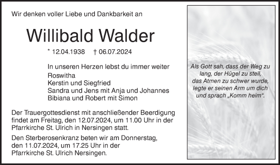 Traueranzeige von Willibald Walder von SÜDWEST PRESSE Ausgabe Ulm/Neu-Ulm/Neu-Ulmer Zeitung