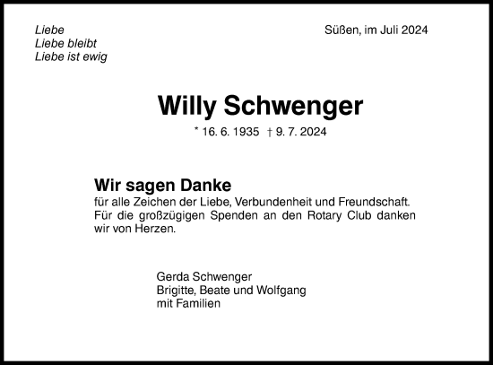 Traueranzeige von Willy Schwenger von NWZ Neue Württembergische Zeitung/Geislinger Zeitung