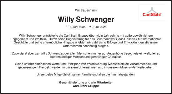 Traueranzeige von Willy Schwenger von NWZ Neue Württembergische Zeitung/Geislinger Zeitung