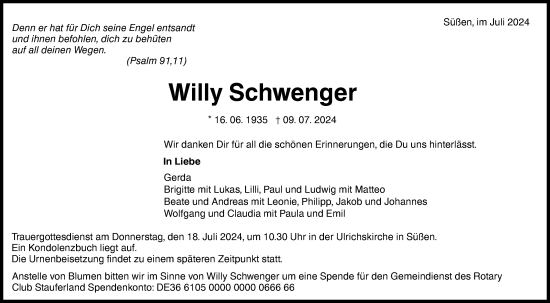 Traueranzeige von Willy Schwenger von NWZ Neue Württembergische Zeitung/Geislinger Zeitung