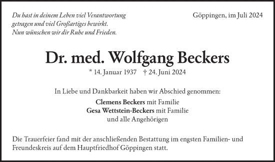 Traueranzeige von Wolfgang Beckers von NWZ Neue Württembergische Zeitung