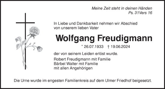 Traueranzeige von Wolfgang Freudigmann von SÜDWEST PRESSE Ausgabe Ulm/Neu-Ulm