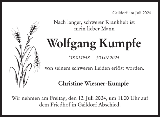 Traueranzeige von Wolfgang Kumpfe von Rundschau Gaildorf
