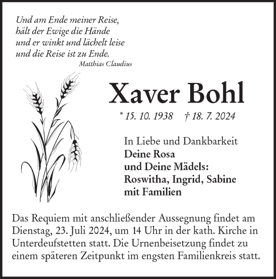 Traueranzeige von Xaver Bohl von Hohenloher Tagblatt