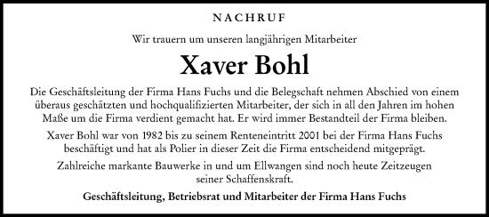 Traueranzeige von Xaver Bohl von Hohenloher Tagblatt