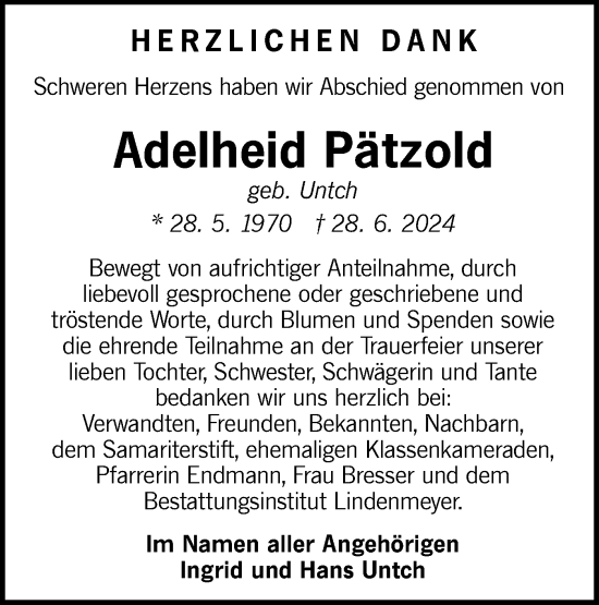 Traueranzeige von Adelheid Pätzold von Hohenloher Tagblatt