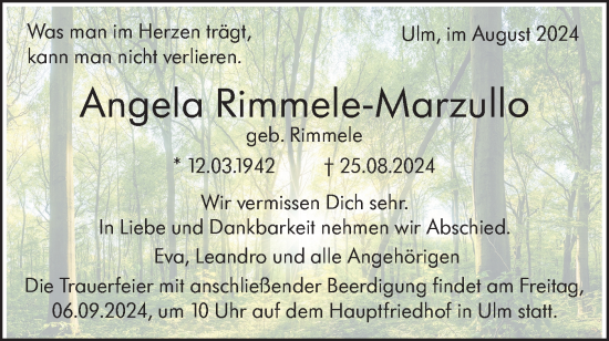 Traueranzeige von Angela Rimmele-Marzullo von SÜDWEST PRESSE Ausgabe Ulm/Neu-Ulm