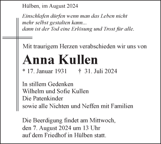 Traueranzeige von Anna Kullen von Alb-Bote/Metzinger-Uracher Volksblatt