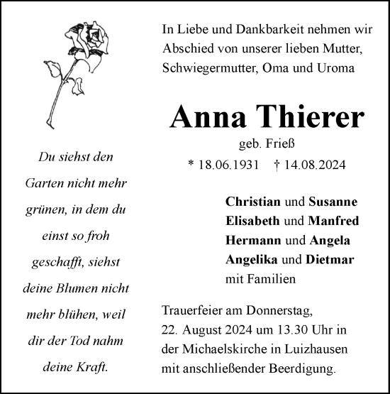 Traueranzeige von Anna Thierer von SÜDWEST PRESSE Ausgabe Ulm/Neu-Ulm