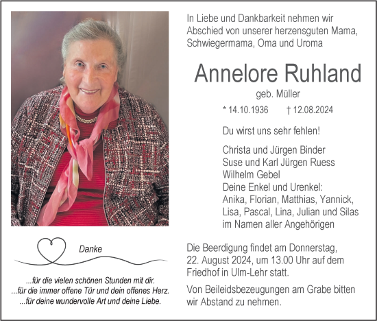 Traueranzeige von Annelore Ruhland von SÜDWEST PRESSE Ausgabe Ulm/Neu-Ulm