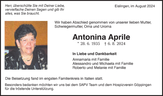 Traueranzeige von Antonina Aprile von NWZ Neue Württembergische Zeitung