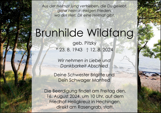 Traueranzeige von Brunhilde Wildfang von SÜDWEST PRESSE Zollernalbkreis/Hohenzollerische Zeitung