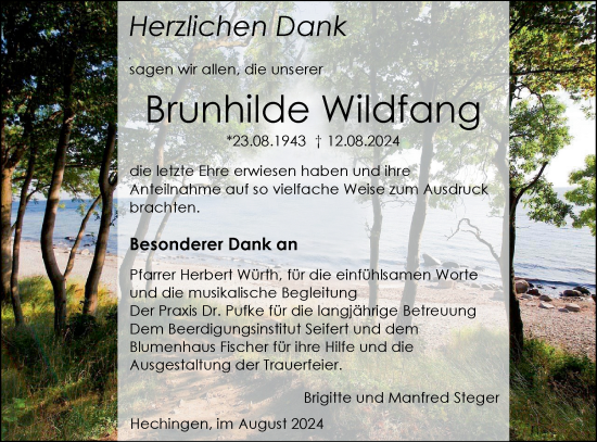 Traueranzeige von Brunhilde Wildfang von SÜDWEST PRESSE Zollernalbkreis/Hohenzollerische Zeitung