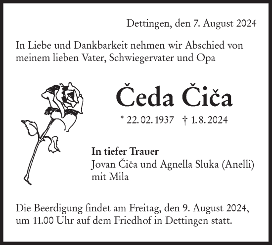 Traueranzeige von Ceda Cica von Alb-Bote/Metzinger-Uracher Volksblatt