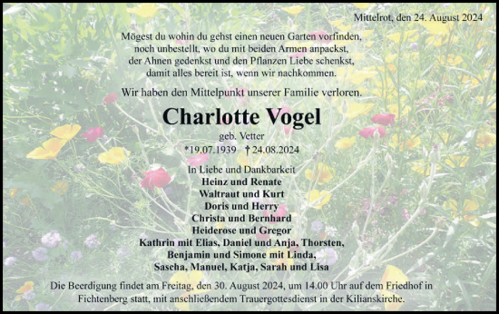 Traueranzeige von Charlotte Vogel von Rundschau Gaildorf