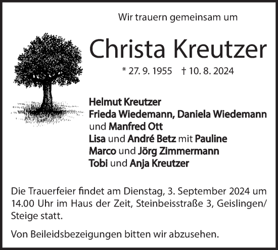 Traueranzeige von Christa Kreutzer von Geislinger Zeitung