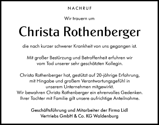 Traueranzeige von Christa Rothenberger von Hohenloher Tagblatt