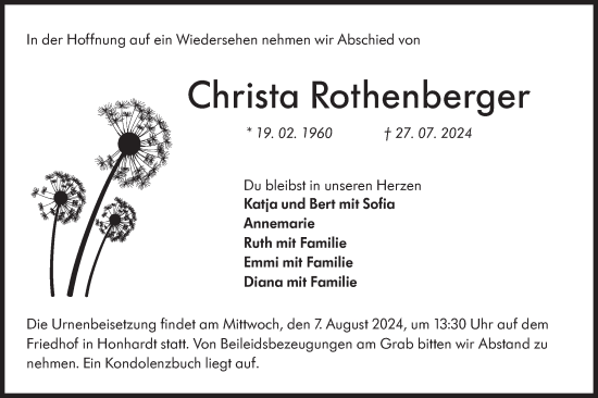 Traueranzeige von Christa Rothenberger von Hohenloher Tagblatt