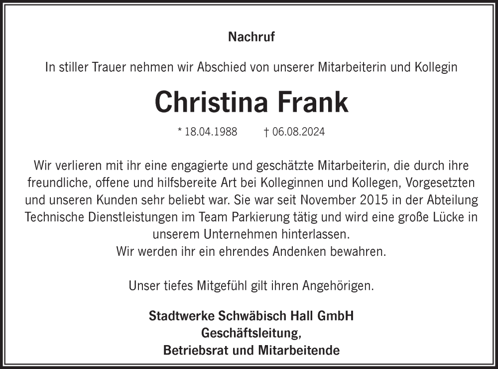  Traueranzeige für Christina Frank vom 15.08.2024 aus Haller Tagblatt