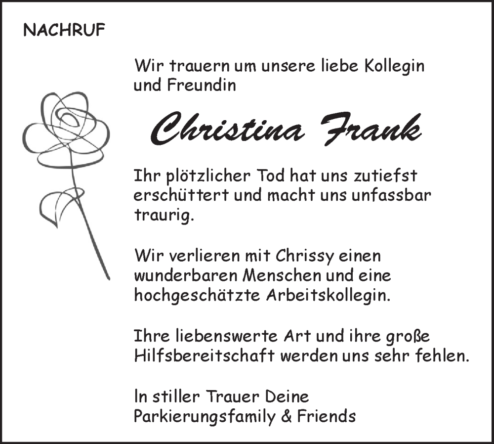  Traueranzeige für Christina Frank vom 15.08.2024 aus Haller Tagblatt