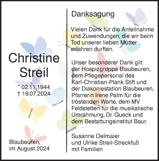 Traueranzeige von Christine Streil von Das Blaumännle