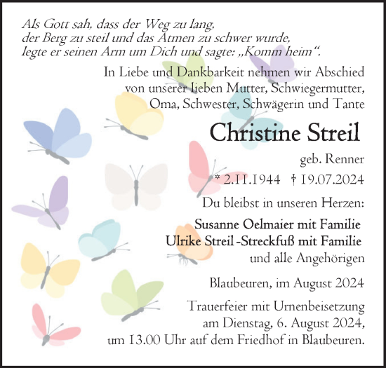 Traueranzeige von Christine Streil von SÜDWEST PRESSE Ausgabe Ulm/Neu-Ulm/Das Blaumännle