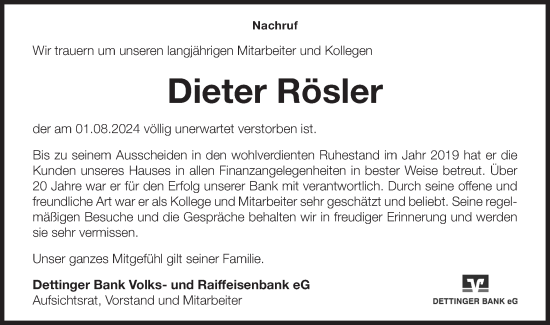 Traueranzeige von Dieter Rösler von Alb-Bote/Metzinger-Uracher Volksblatt