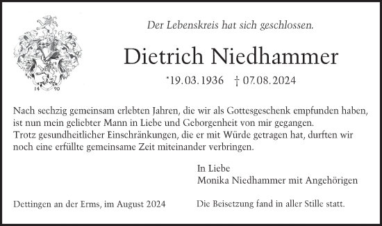 Traueranzeige von Dietrich Niedhammer von Alb-Bote/Metzinger-Uracher Volksblatt