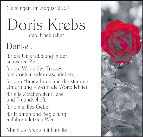 Traueranzeige von Doris Krebs von Geislinger Zeitung