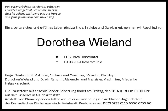 Traueranzeige von Dorothea Wieland von Haller Tagblatt