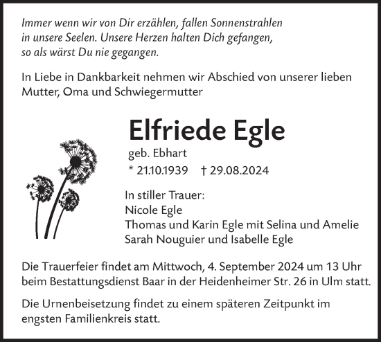 Traueranzeige von Elfriede Egle von SÜDWEST PRESSE Ausgabe Ulm/Neu-Ulm