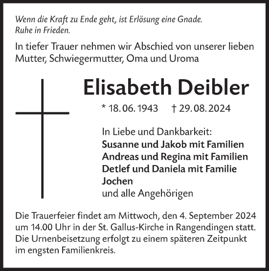 Traueranzeige von Elisabeth Deibler von SÜDWEST PRESSE Zollernalbkreis/Hohenzollerische Zeitung