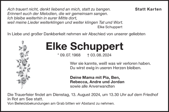 Traueranzeige von Elke Schuppert von Hohenloher Tagblatt