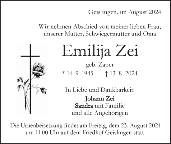 Traueranzeige von Emilija Zei von Geislinger Zeitung