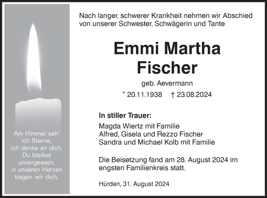 Traueranzeige von Emmi Martha Fischer von Hohenloher Tagblatt