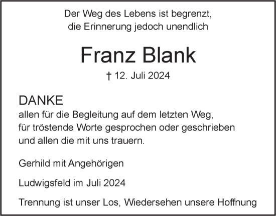 Traueranzeige von Franz Blank von SÜDWEST PRESSE Ausgabe Ulm/Neu-Ulm/Neu-Ulmer Zeitung