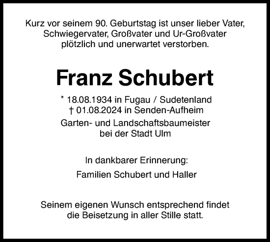 Traueranzeige von Franz Schubert von SÜDWEST PRESSE Ausgabe Ulm/Neu-Ulm/Neu-Ulmer Zeitung