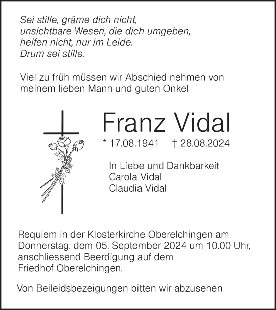 Traueranzeige von Franz Vidal von SÜDWEST PRESSE Ausgabe Ulm/Neu-Ulm