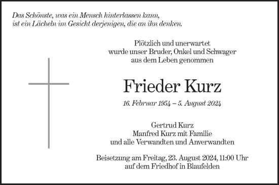 Traueranzeige von Frieder Kurz von Hohenloher Tagblatt