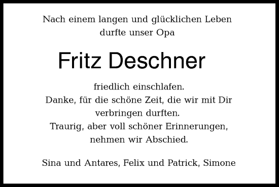 Traueranzeige von Fritz Deschner von Hohenloher Tagblatt