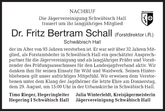 Traueranzeige von Fritz Bertram Schall von Haller Tagblatt