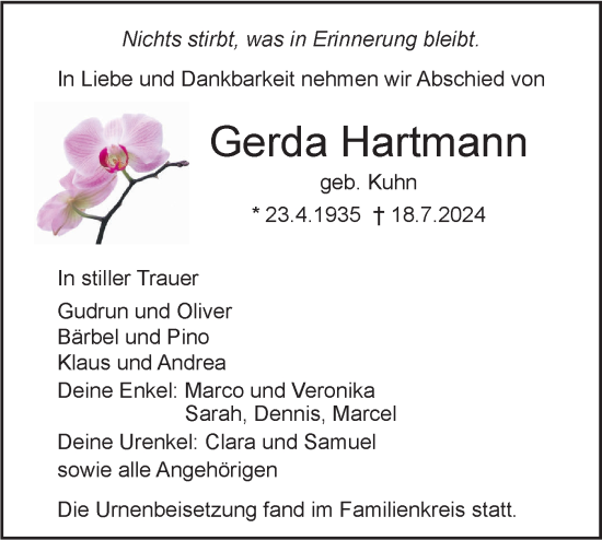 Traueranzeige von Gerda Hartmann von SÜDWEST PRESSE Ausgabe Ulm/Neu-Ulm