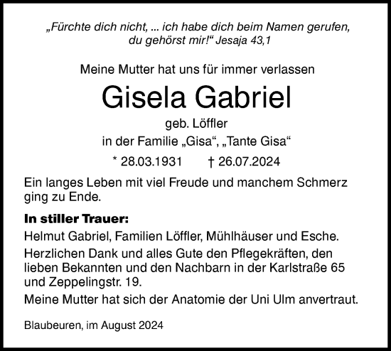 Traueranzeige von Gisela Gabriel von Das Blaumännle