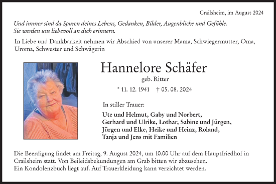 Traueranzeige von Hannelore Schäfer von Hohenloher Tagblatt